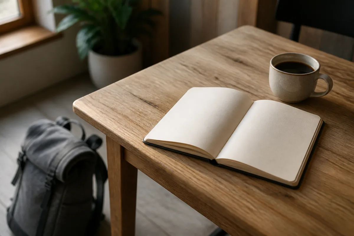 Carnet de notes ouvert sur une table en bois clair à côté d’une tasse de café et d’un sac de randonnée posé au sol