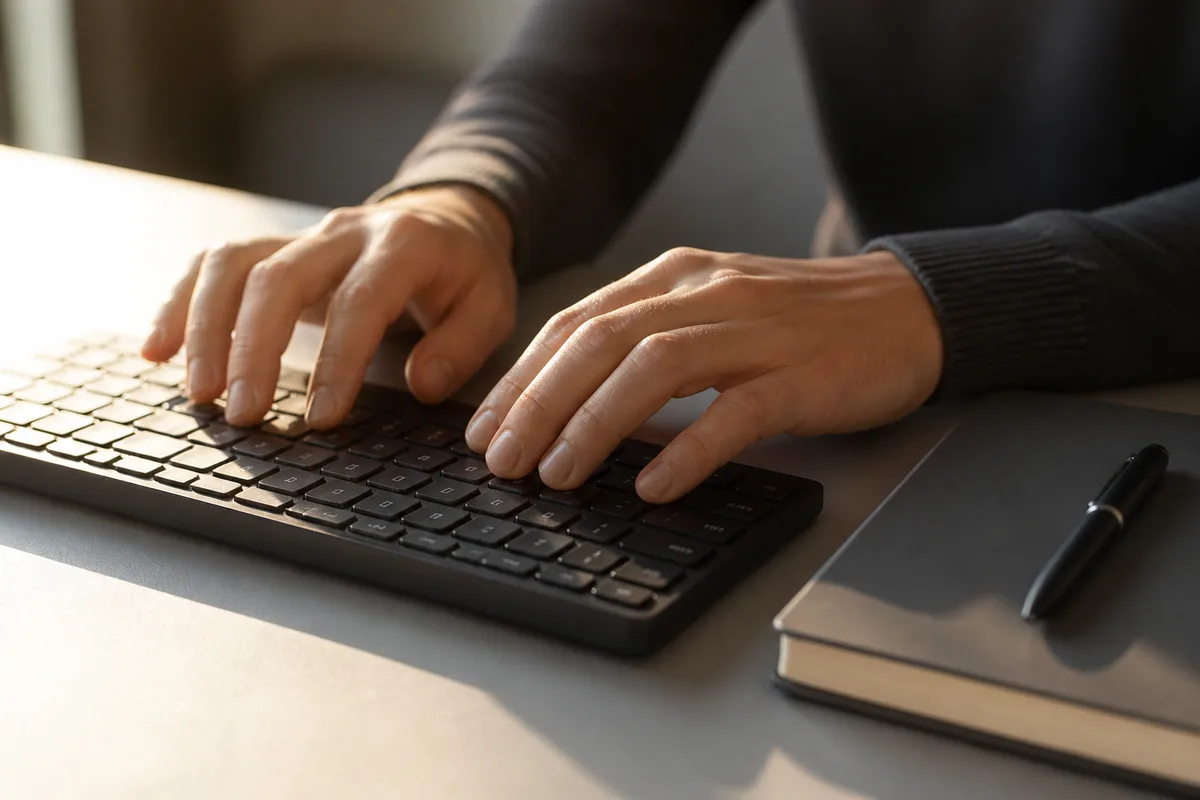 Mains d’une personne posées sur un clavier sombre à côté d’un carnet, lumière naturelle rasante venant de la gauche