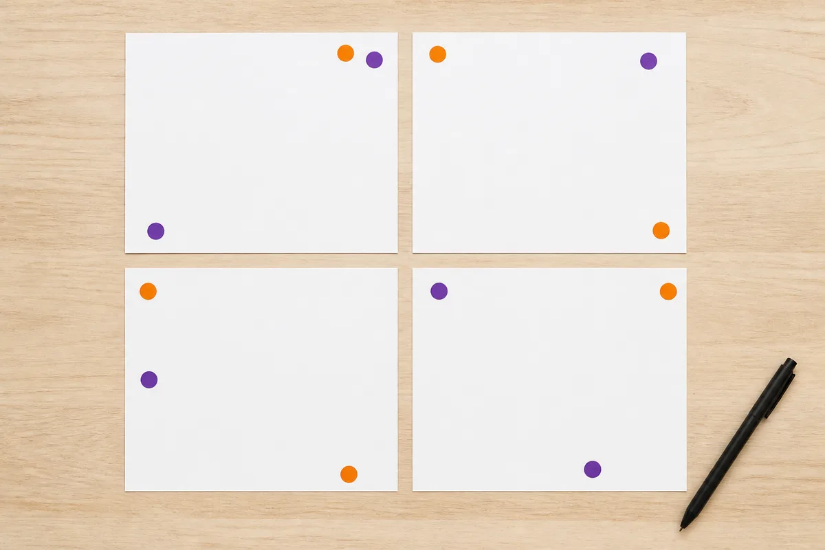 Vue de dessus d’un bureau clair avec des feuilles de papier uni, des pastilles adhésives de couleur et un stylo posé en diagonale