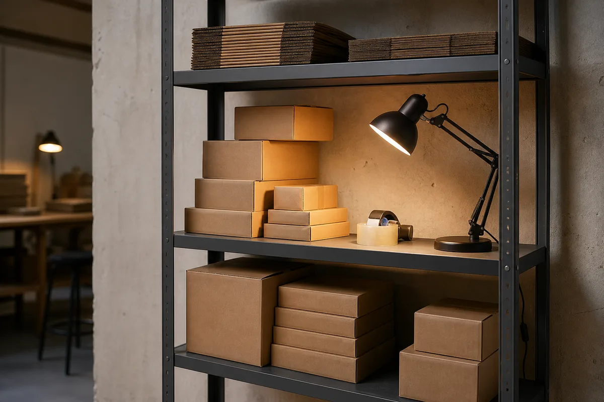 Étagère d’atelier avec des cartons d’expédition bruns unis empilés et une lampe articulée allumée
