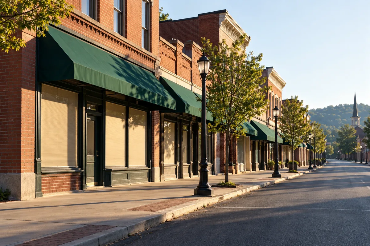 Rue commerçante d&rsquo;une petite ville américaine au petit matin
