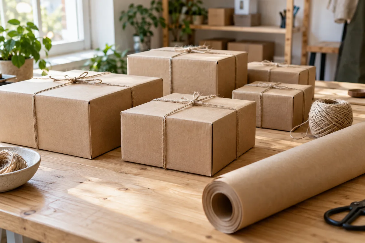 Colis en carton brun noués de ficelle, prêts à partir sur une table d&rsquo;atelier