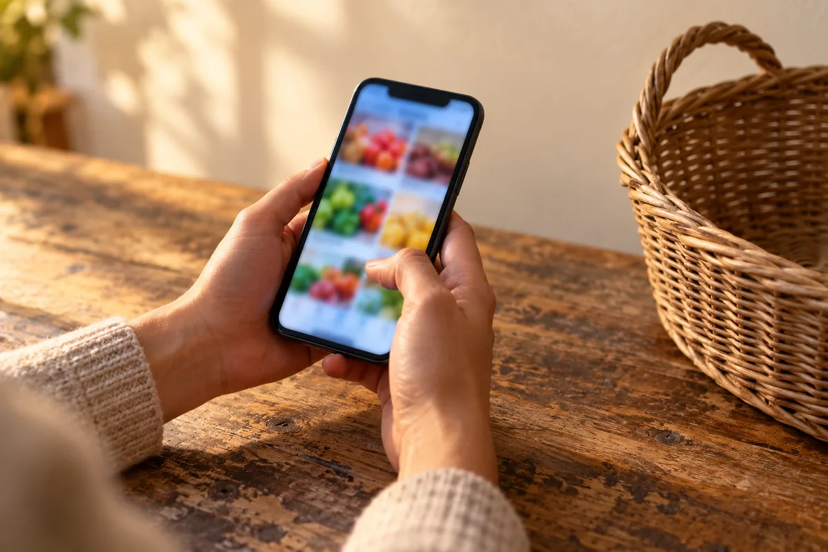 Mains tenant un smartphone au-dessus d&rsquo;un comptoir de boutique en bois