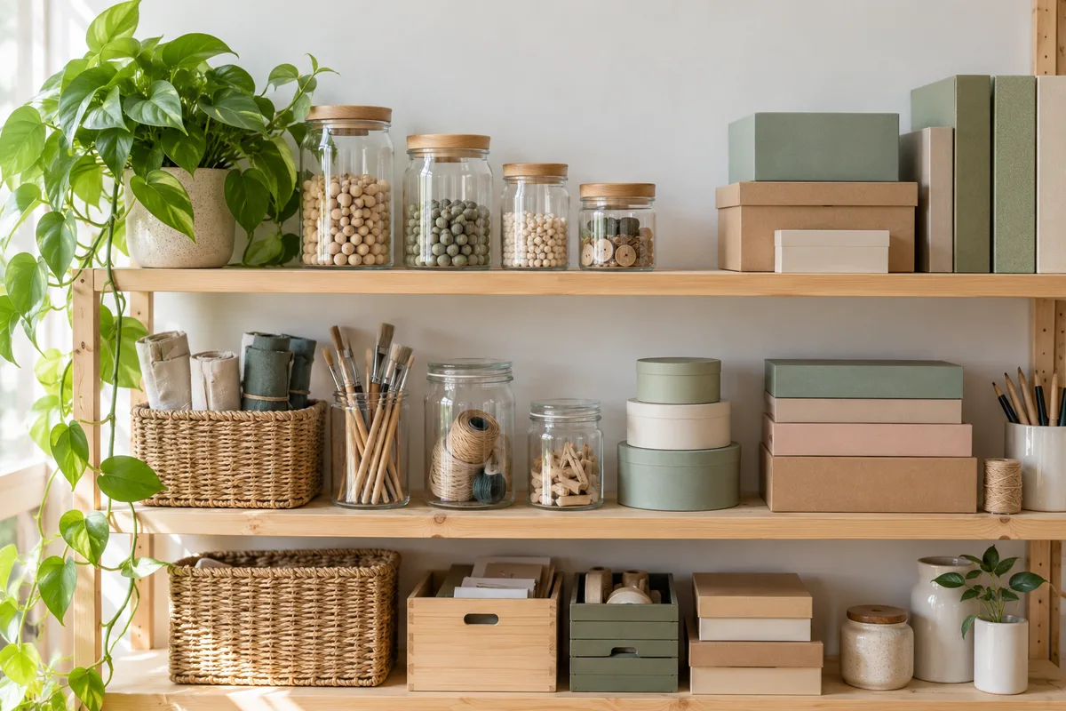 Étagère en bois clair garnie de produits aux emballages unis dans un atelier