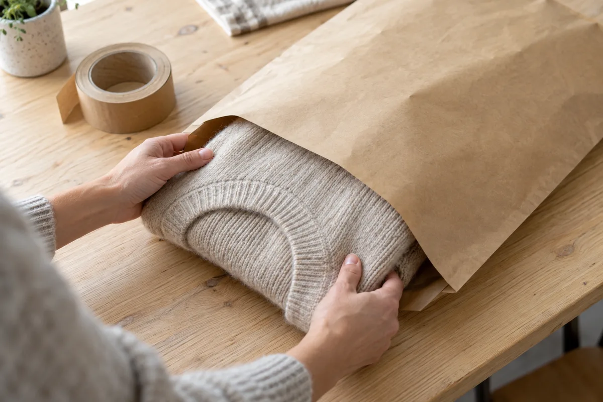 Mains glissant un pull en laine plié dans une pochette d&rsquo;expédition en papier kraft posée sur un plan de travail en bois