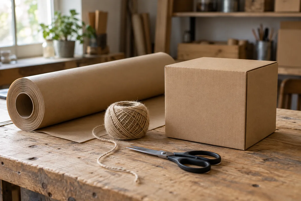 Comptoir d&rsquo;atelier en bois avec rouleau de papier kraft brun, pelote de ficelle beige, ciseaux et colis carré fermé