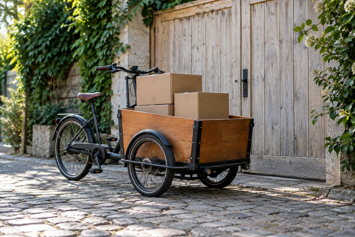 Vélo cargo à caisse en bois chargé de quatre colis en carton brun devant un portail clair dans une rue pavée