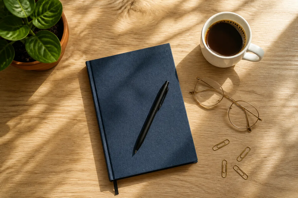 Bureau clair vu de dessus avec carnet ferme, stylo et lunettes