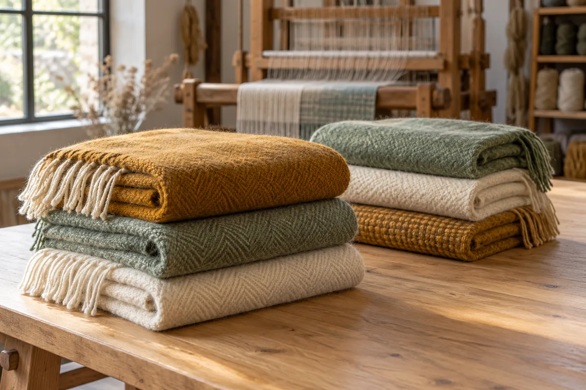 Piles de plaids en laine pliés sur une table d&rsquo;atelier, une petite série prête avant le lancement
