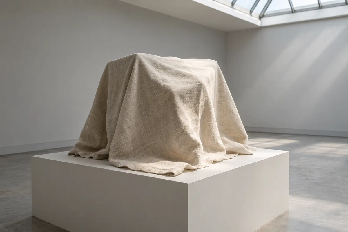 Objet recouvert d&rsquo;une étoffe de lin écru sur un socle blanc, juste avant son dévoilement