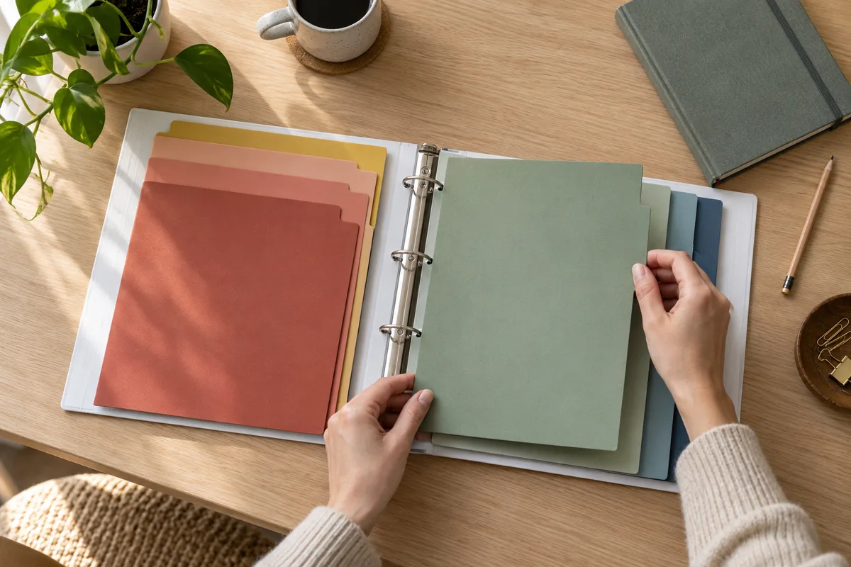 Classeur ouvert rempli de pochettes de couleurs unies rangées par concept sur un bureau