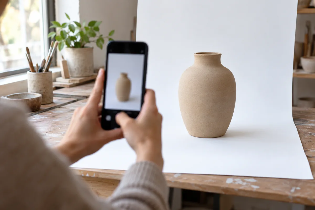 Mains photographiant un vase en céramique unie au smartphone tenu à la verticale