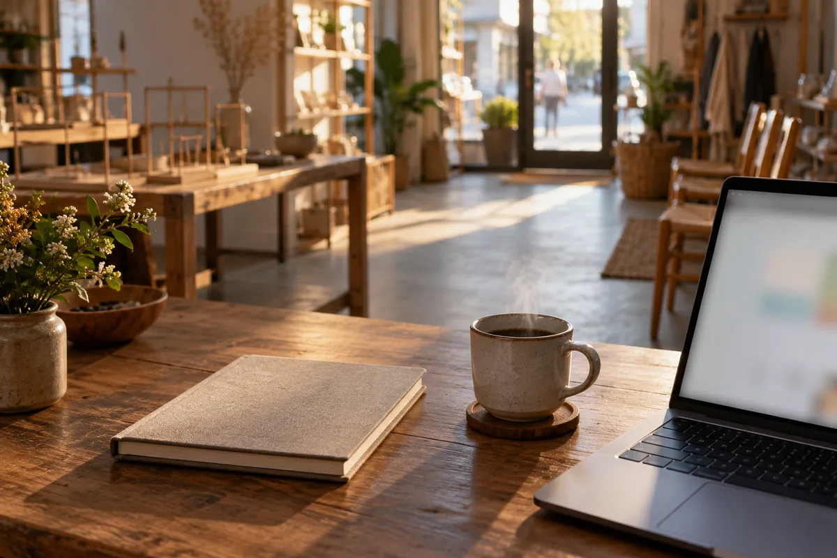 Agenda fermé, tasse de café et ordinateur portable sur la table d&rsquo;une boutique avant l&rsquo;ouverture