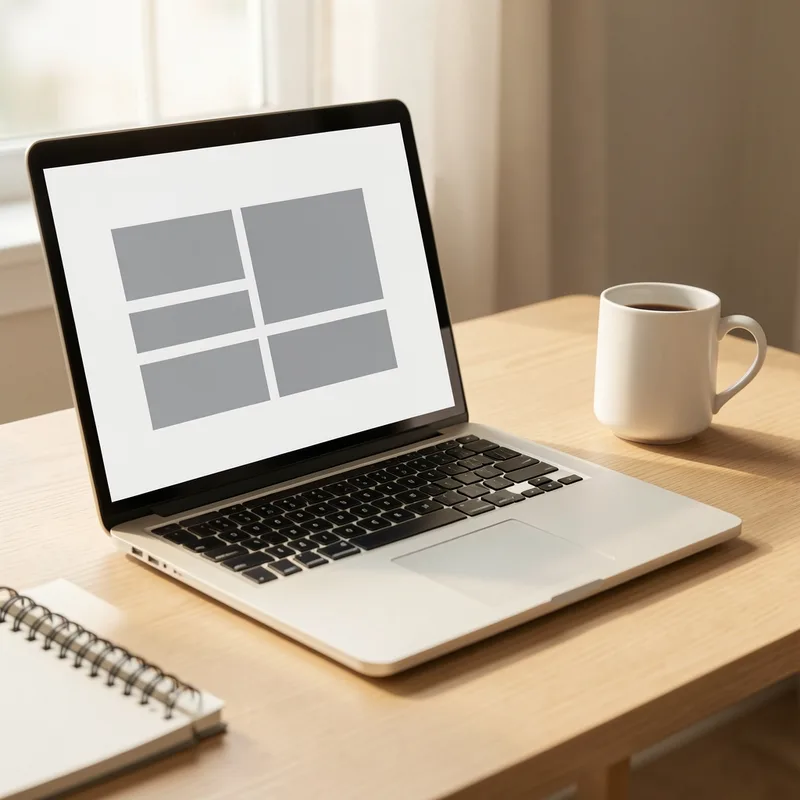 Ordinateur portable ouvert sur un bureau en bois clair avec un carnet et une tasse, page web affichant des blocs de texte