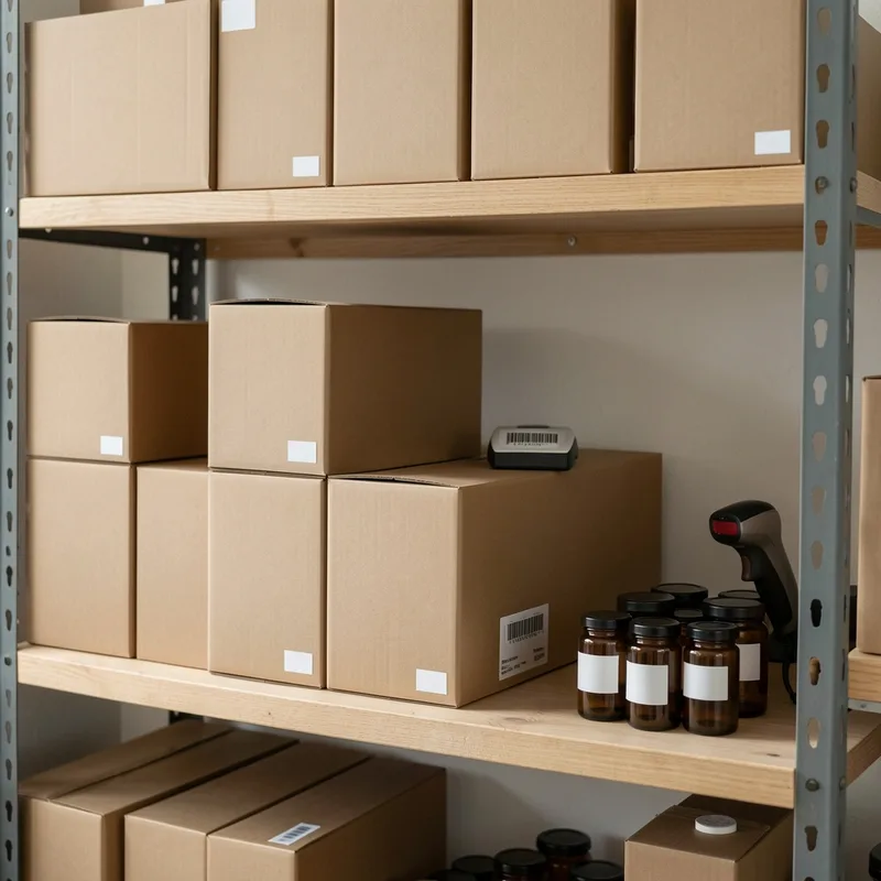 Rayonnage de boutique avec produits emballés sans marque, étiquettes vierges et lecteur de codes-barres