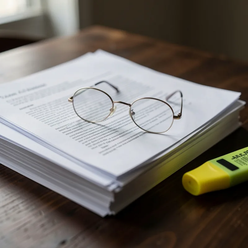 Documents imprimés empilés sur une table avec une paire de lunettes posée dessus, lumière naturelle