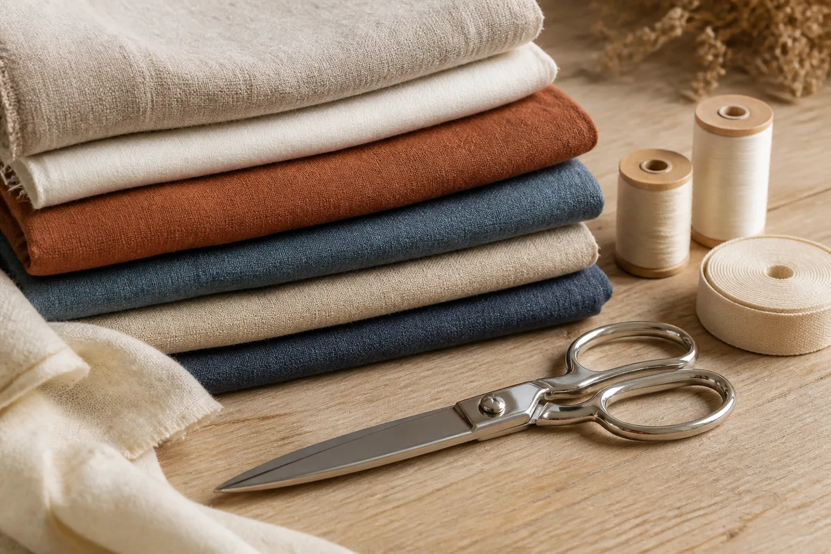 Coupons de tissus unis en lin et coton empiles sur une table de bois clair
