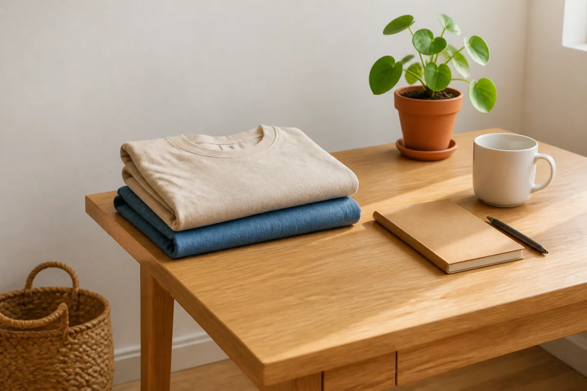Coin de bureau d&rsquo;independant avec vetements plies, carnet ferme et plante verte