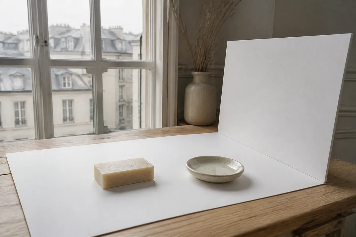 Petit objet artisanal posé sur un fond papier blanc incurvé, éclairé par une lumière douce venant d une fenêtre