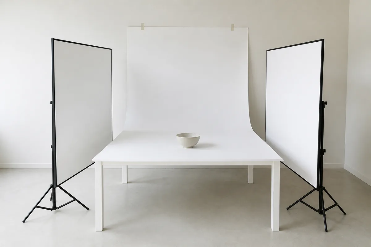 Feuille de papier blanc incurvee contre un mur, objet en ceramique pose au centre, ombres douces