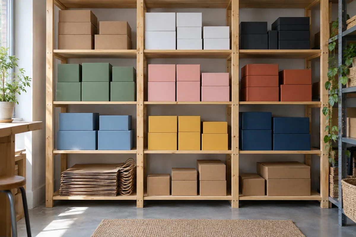 Rayonnage en bois d&rsquo;une réserve de boutique garni de boîtes unies rangées par couleur