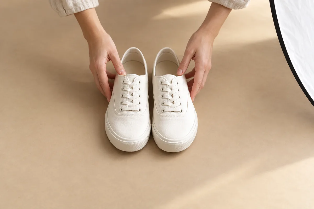 Mains posant une paire de chaussures en toile sur un fond de papier uni pour une prise de vue
