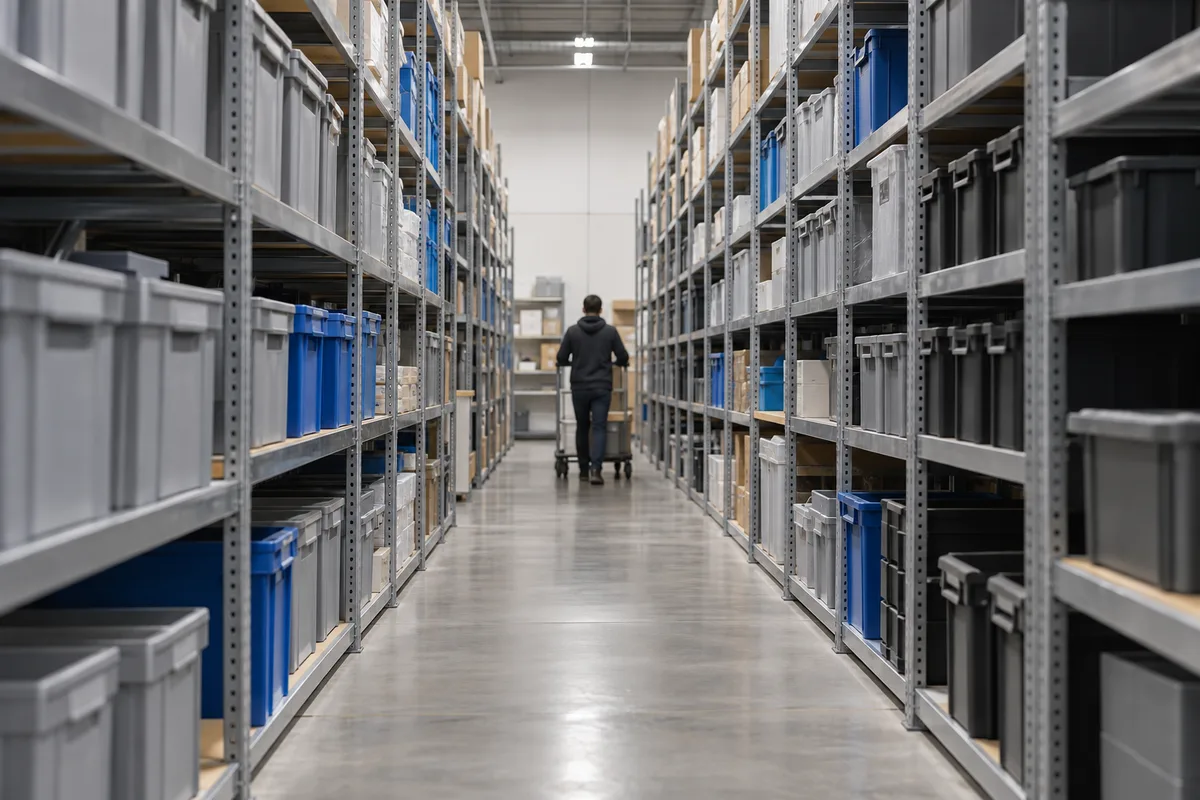 Allée d&rsquo;un petit entrepôt bordée de bacs de rangement unis posés sur des étagères métalliques
