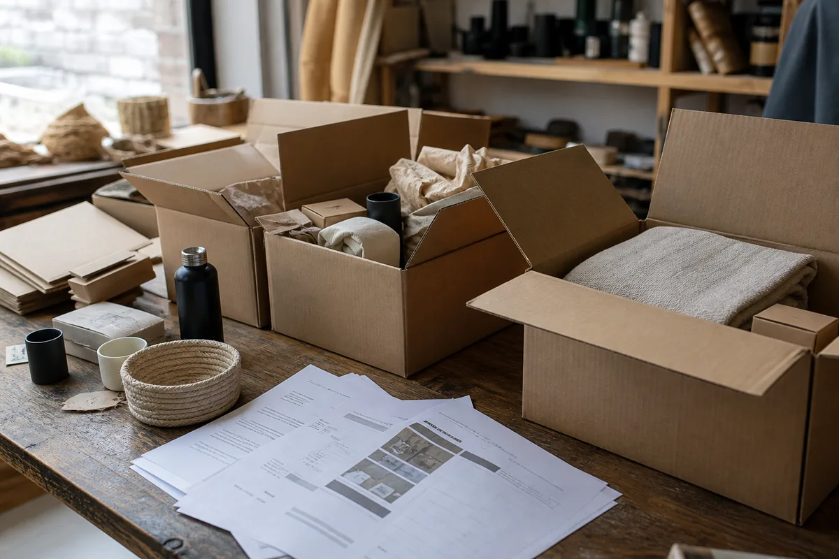 Cartons de marchandises ouverts sur une table d&rsquo;atelier avec bons de commande et échantillons