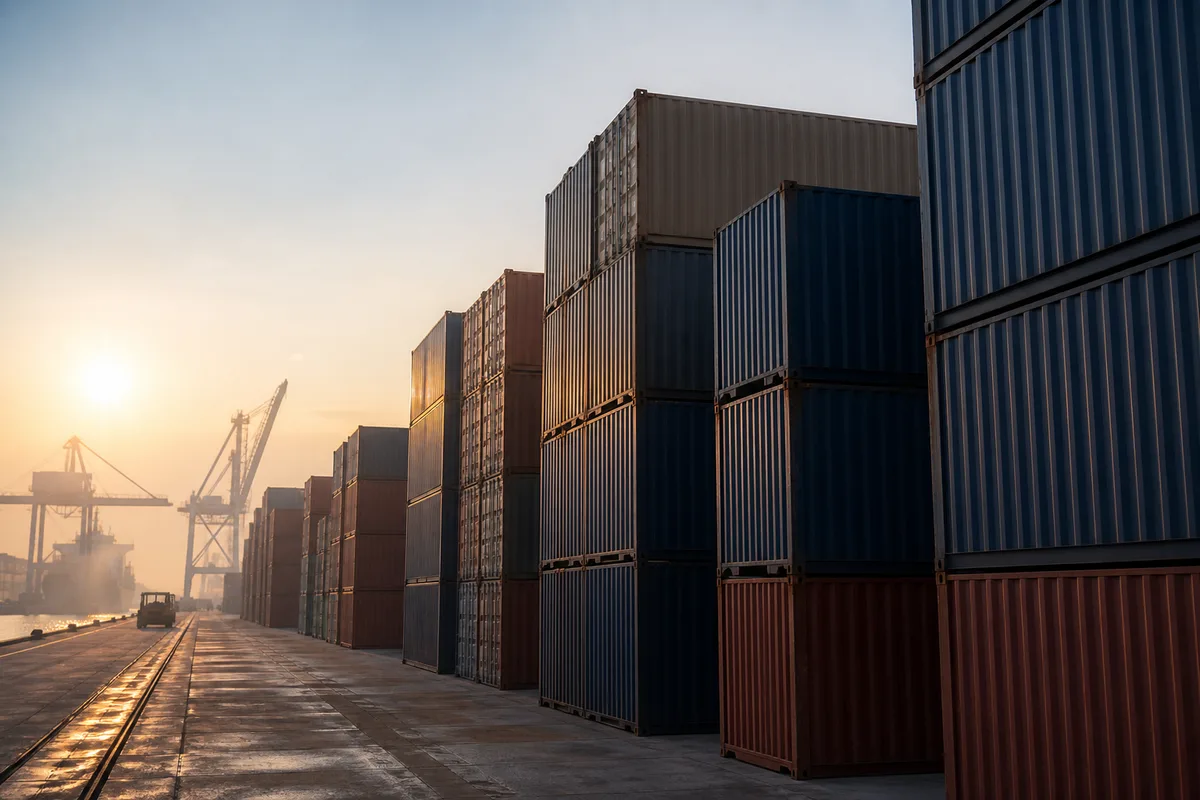 Conteneurs maritimes empilés sur un quai portuaire au lever du jour
